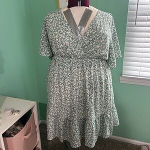 Green Ditsy Floral Print Faux Wrap Dress